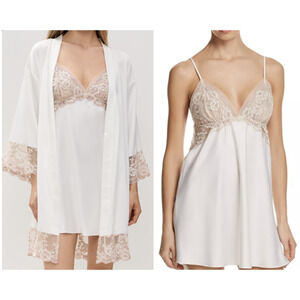 Flora Nikrooz Rosa Charmeuse Medium Chemise and Robe 2 pc Set Ivory Bridal